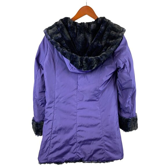 Vintage Hal Rubenstein Purple & Black Faux Fur Trimmed Hooded Coat XS - Picture 2 of 5